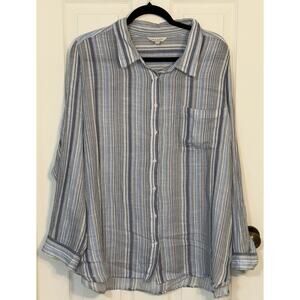 Lucky Brand Women’s Blouse White Gray Blue Button Up‎ One Pocket Shirt Size 2X